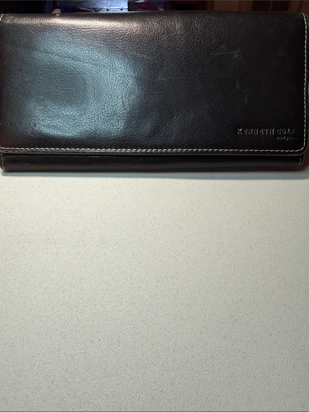 Kenneth Cole Black Leather Foldover Wallet with Contrast Stitching